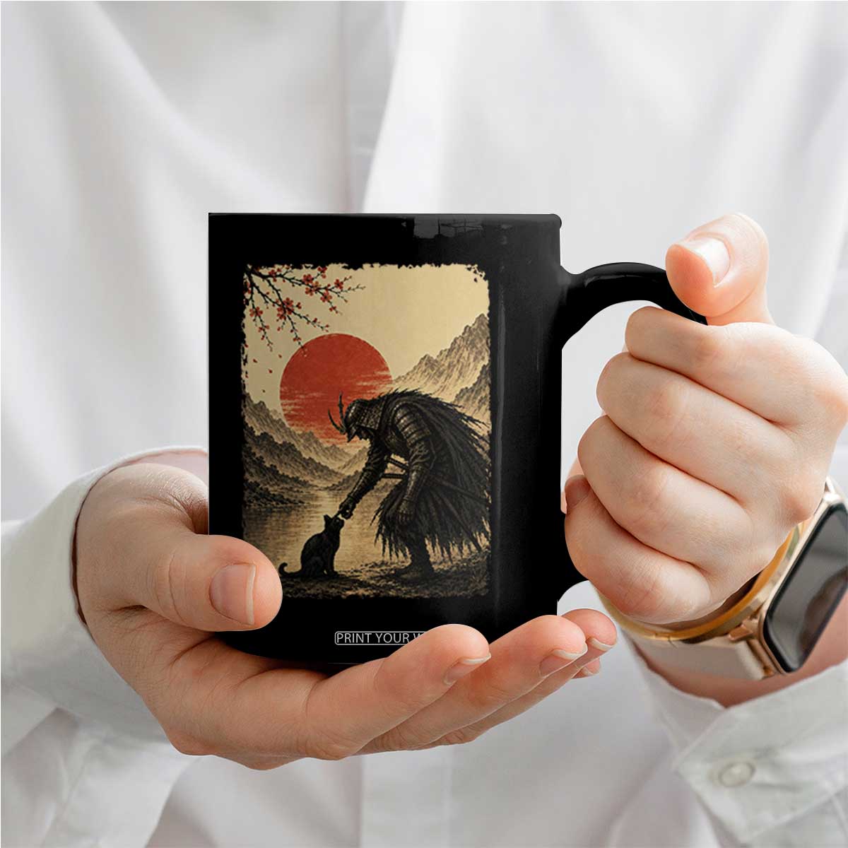 Vintage Japanese Art Samurai Warrior Black Cat Coffee Mug Ukiyoe Style Boop Meme TS12 Print Your Wear