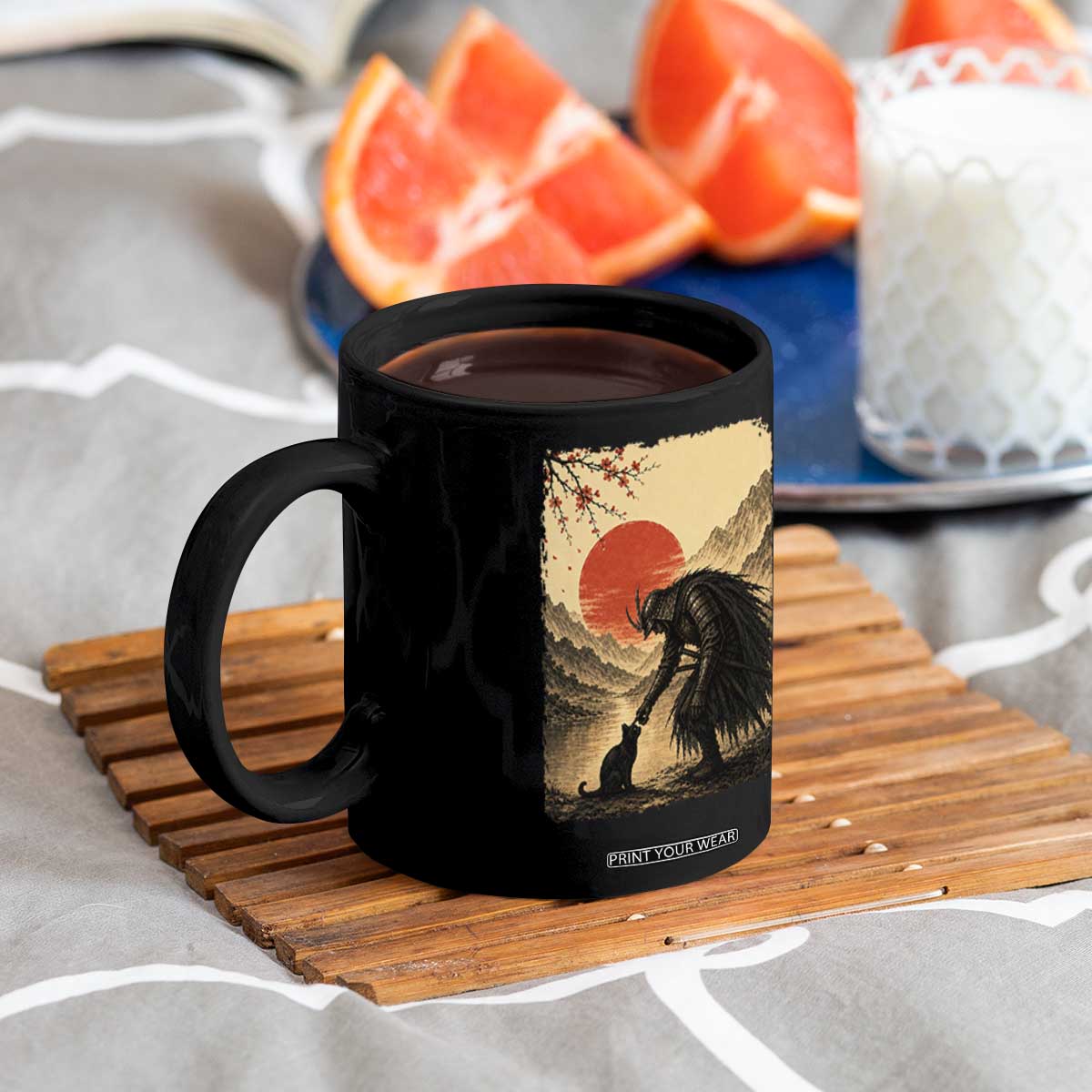 Vintage Japanese Art Samurai Warrior Black Cat Coffee Mug Ukiyoe Style Boop Meme TS12 Print Your Wear