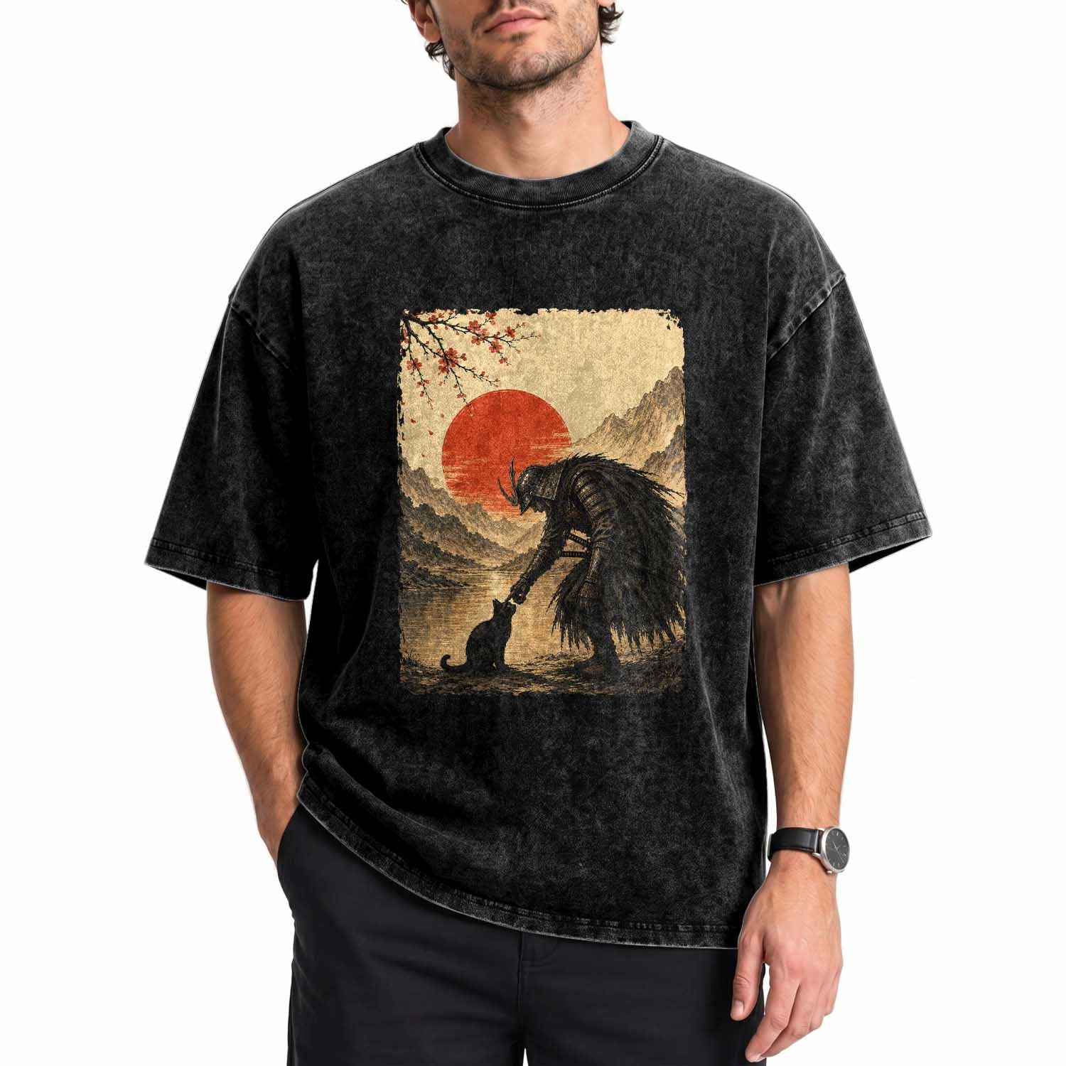 Vintage Japanese Art Samurai Warrior Black Cat Washed Cotton T-Shirt Ukiyoe Style Boop Meme