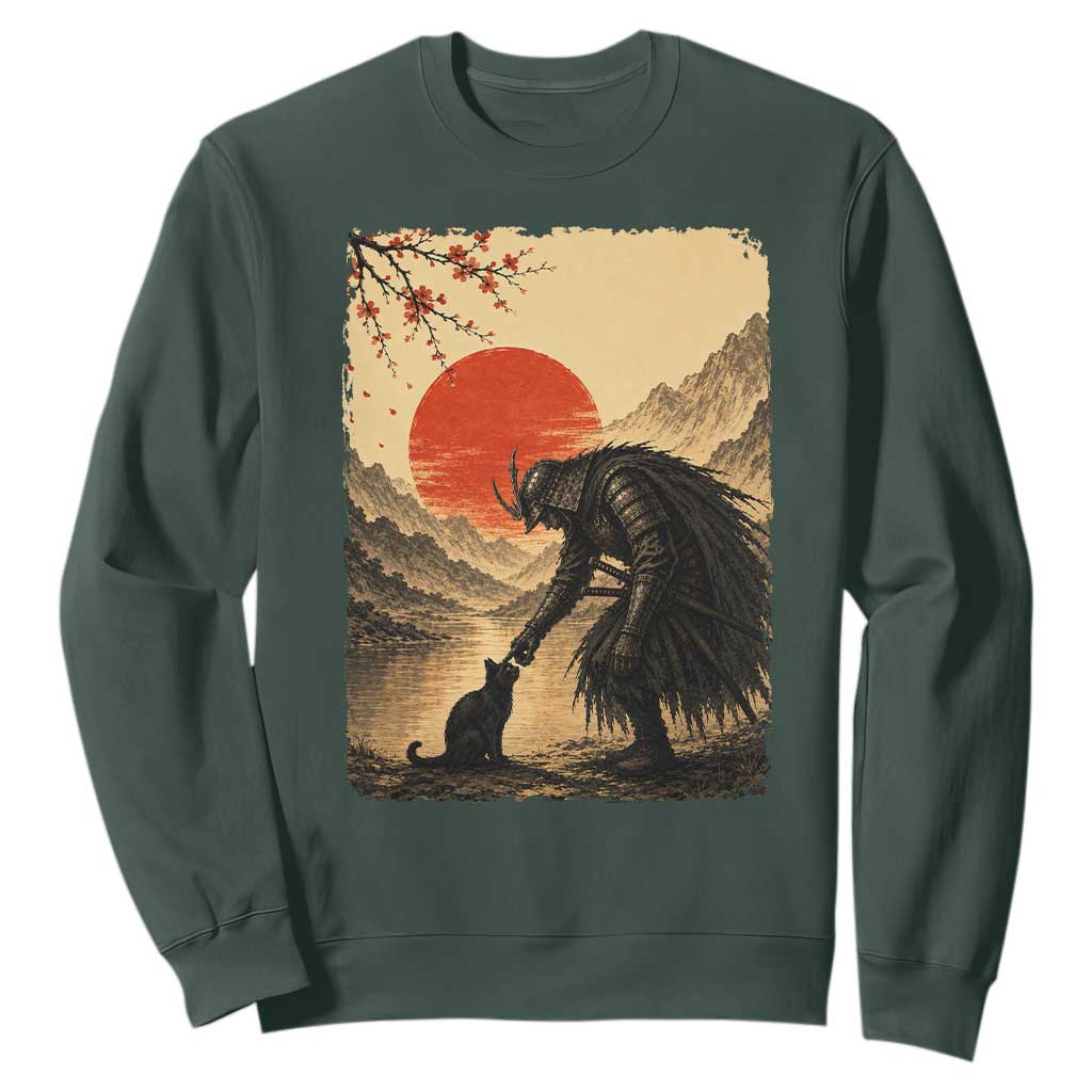 Vintage Japanese Art Samurai Warrior Black Cat Sweatshirt Ukiyoe Style Boop Meme TS12 Dark Forest Green Print Your Wear