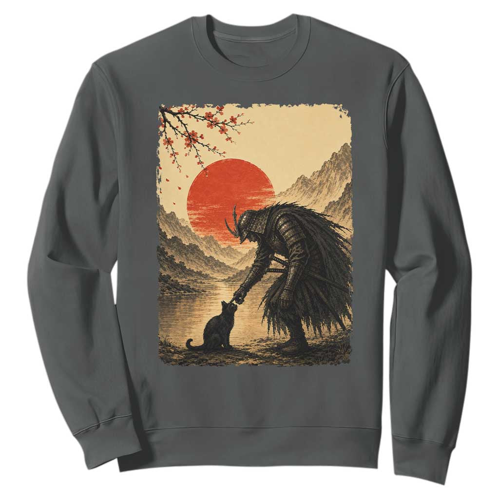 Vintage Japanese Art Samurai Warrior Black Cat Sweatshirt Ukiyoe Style Boop Meme TS12 Dark Heather Print Your Wear