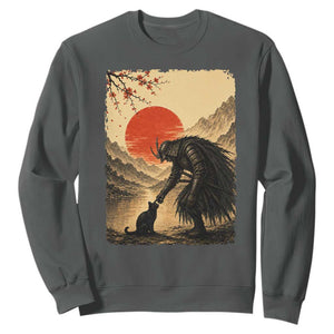 Vintage Japanese Art Samurai Warrior Black Cat Sweatshirt Ukiyoe Style Boop Meme TS12 Dark Heather Print Your Wear