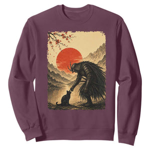 Vintage Japanese Art Samurai Warrior Black Cat Sweatshirt Ukiyoe Style Boop Meme TS12 Maroon Print Your Wear
