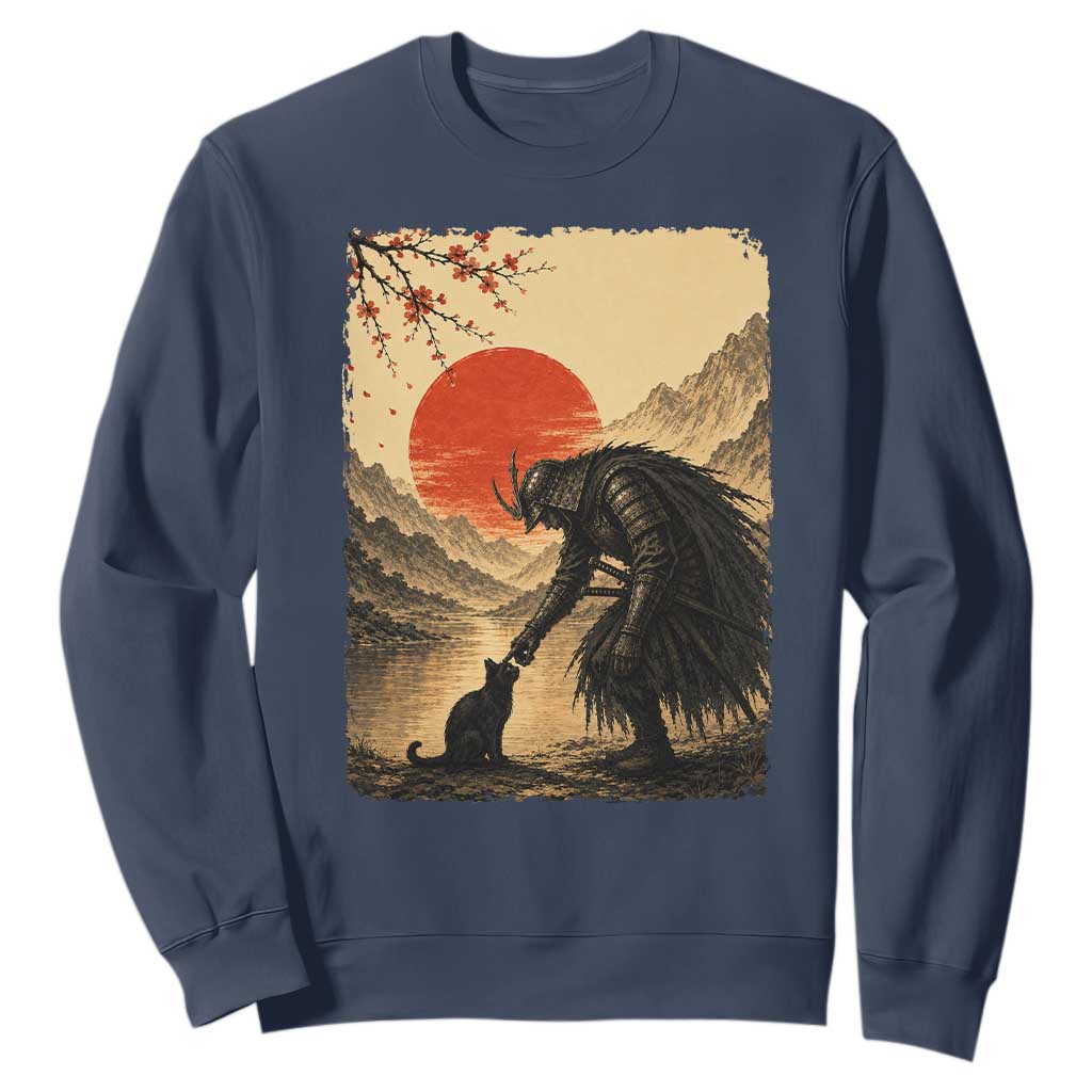 Vintage Japanese Art Samurai Warrior Black Cat Sweatshirt Ukiyoe Style Boop Meme TS12 Navy Print Your Wear