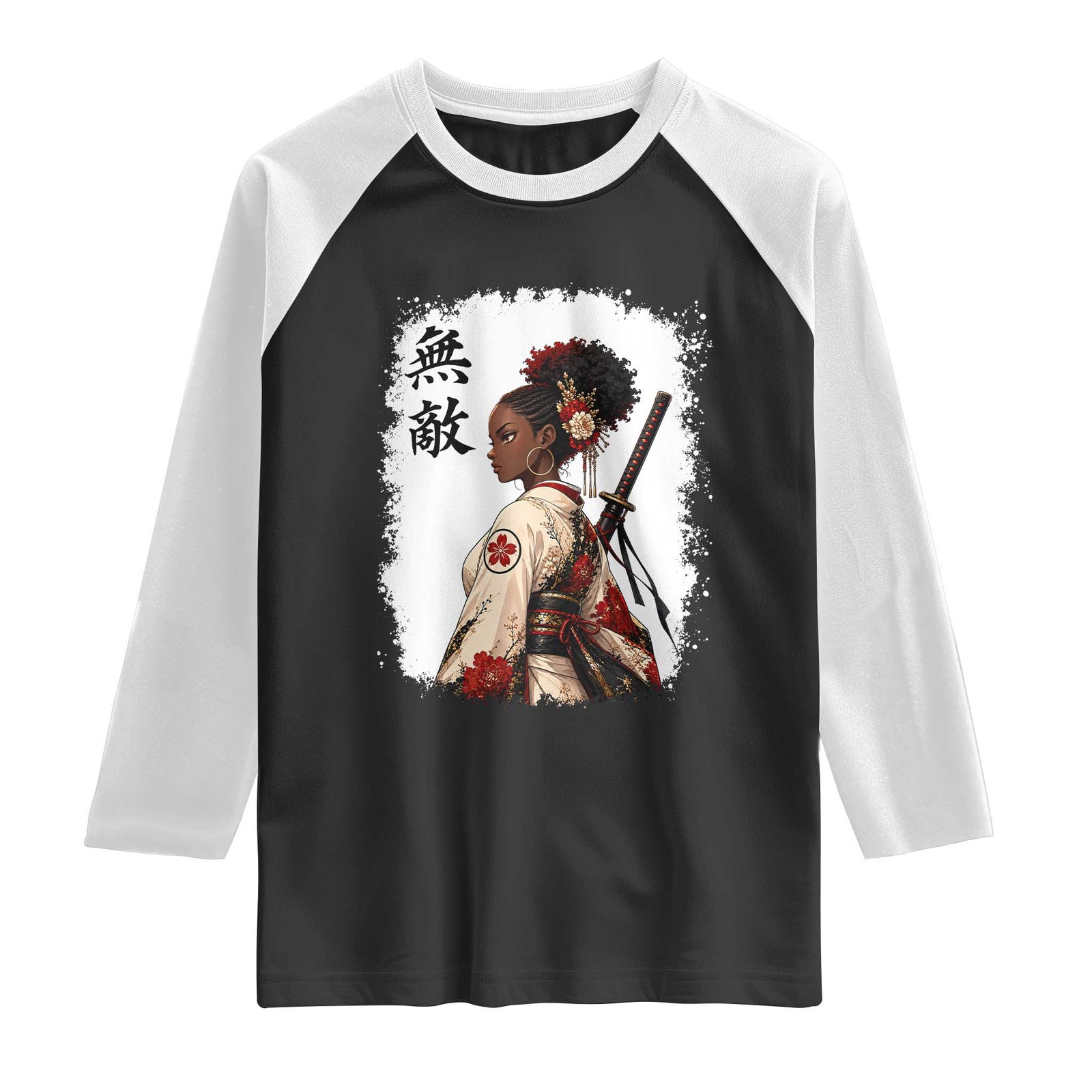 Afro African Pride Samurai Black Girl Raglan Shirt Vintage Japanese Sumie Katana Graphic TS12 Black White Print Your Wear
