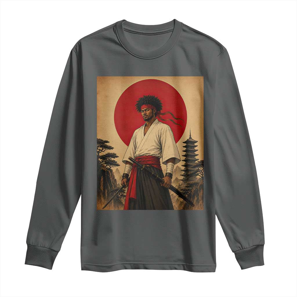 Afro American Samurai Bushido Warrior Long Sleeve Shirt Vintage Japanese Ukiyoe Graphic TS12 Dark Heather Print Your Wear