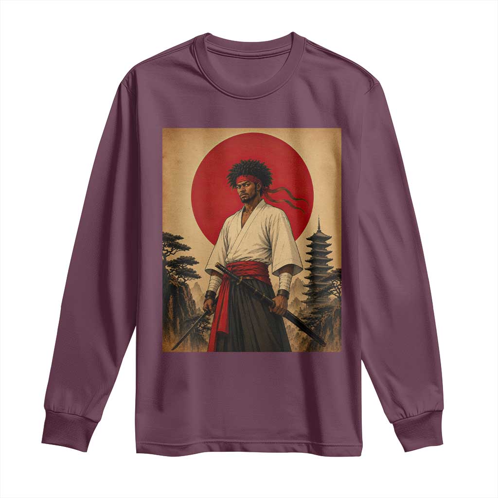 Afro American Samurai Bushido Warrior Long Sleeve Shirt Vintage Japanese Ukiyoe Graphic TS12 Maroon Print Your Wear