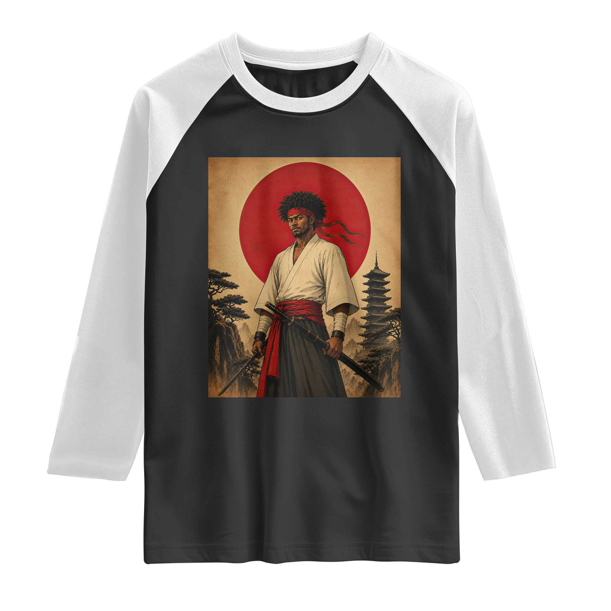 Afro American Samurai Bushido Warrior Raglan Shirt Vintage Japanese Ukiyoe Graphic TS12 Black White Print Your Wear