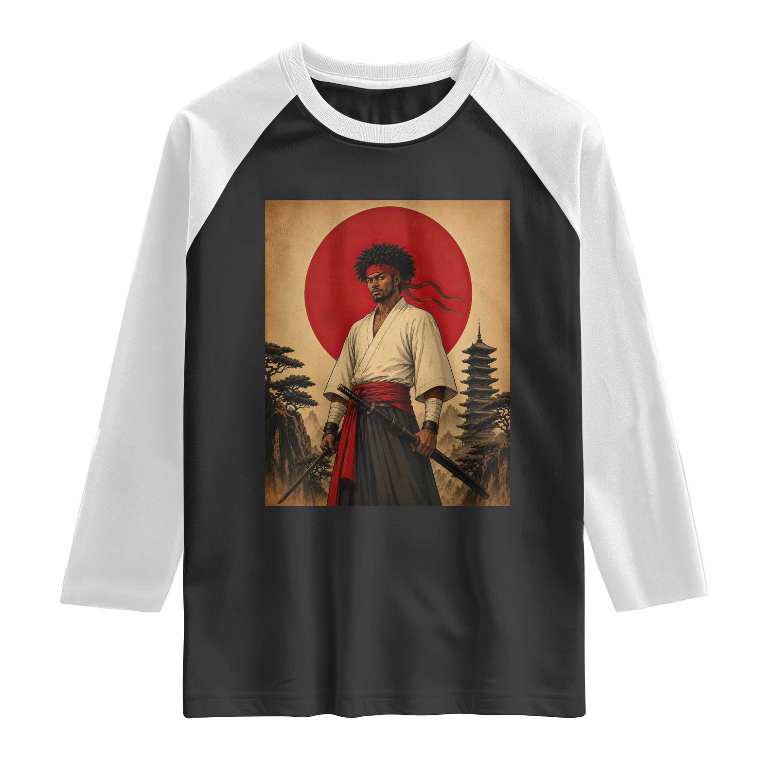 Afro American Samurai Bushido Warrior Raglan Shirt Vintage Japanese Ukiyoe Graphic TS12 Black White Print Your Wear