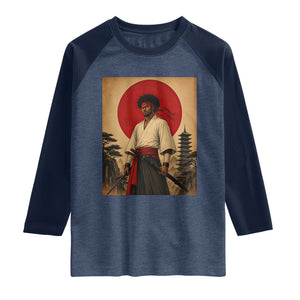 Afro American Samurai Bushido Warrior Raglan Shirt Vintage Japanese Ukiyoe Graphic TS12 Heather Denim Navy Print Your Wear