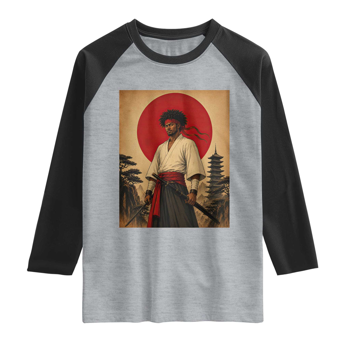 Afro American Samurai Bushido Warrior Raglan Shirt Vintage Japanese Ukiyoe Graphic TS12 Heather Gray Black Print Your Wear