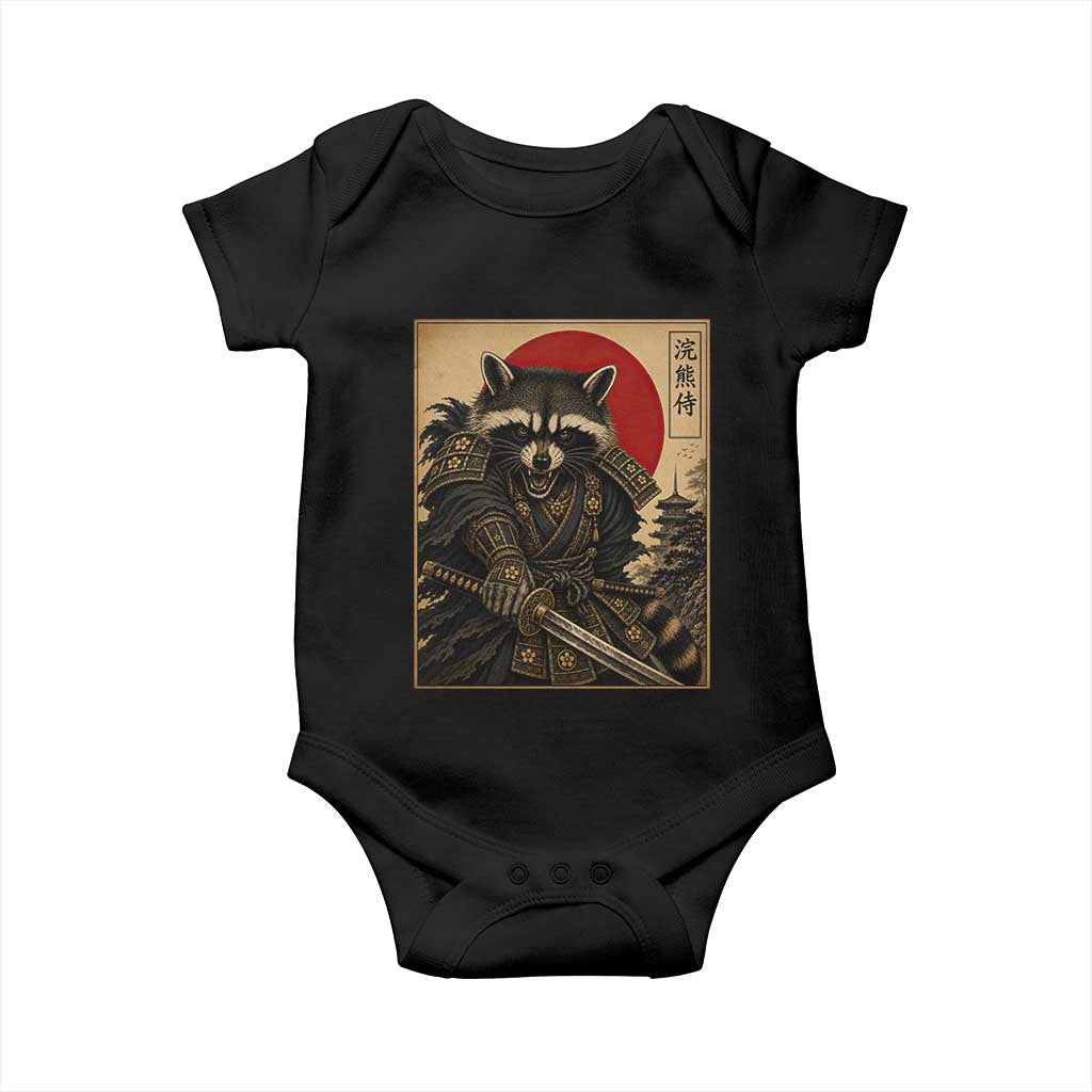Funny Samurai Raccoon Baby Onesie Vintage Japanese Ukiyoe Warrior Graphic TS12 Black Print Your Wear