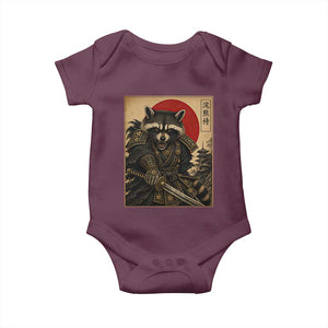 Funny Samurai Raccoon Baby Onesie Vintage Japanese Ukiyoe Warrior Graphic TS12 Maroon Print Your Wear