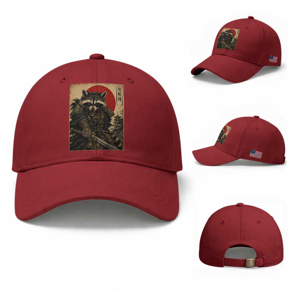 Funny Samurai Raccoon Baseball Cap Vintage Japanese Ukiyoe Warrior Graphic TS12 Baseball Cap Universal Fit Cherry Red Print Your Wear