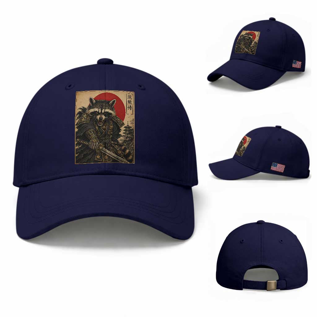 Funny Samurai Raccoon Baseball Cap Vintage Japanese Ukiyoe Warrior Graphic TS12 Baseball Cap Universal Fit Dark Blue Print Your Wear