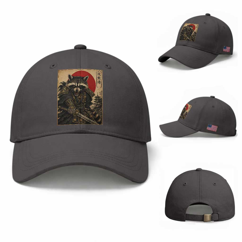 Funny Samurai Raccoon Baseball Cap Vintage Japanese Ukiyoe Warrior Graphic TS12 Baseball Cap Universal Fit Dark Gray Print Your Wear