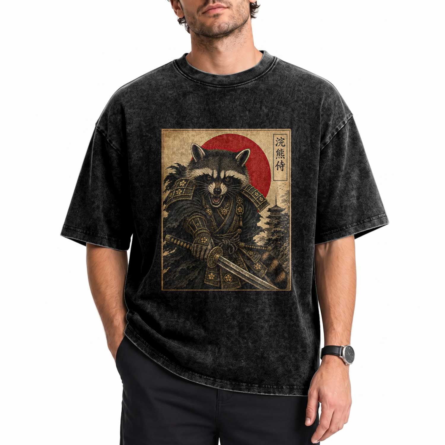 Funny Samurai Raccoon Washed Cotton T-Shirt Vintage Japanese Ukiyoe Warrior Graphic
