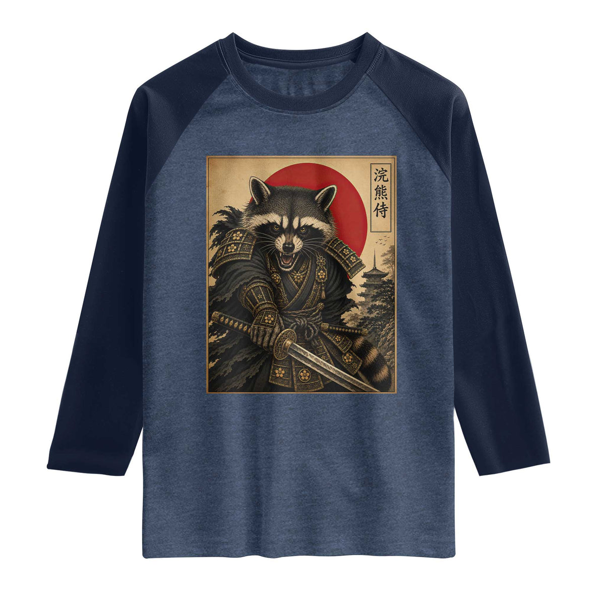 Funny Samurai Raccoon Raglan Shirt Vintage Japanese Ukiyoe Warrior Graphic TS12 Heather Denim Navy Print Your Wear