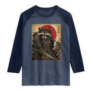 Funny Samurai Raccoon Raglan Shirt Vintage Japanese Ukiyoe Warrior Graphic TS12 Heather Denim Navy Print Your Wear