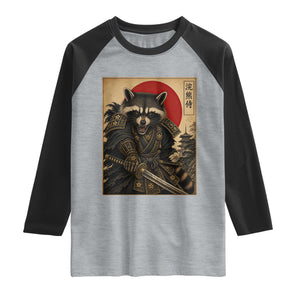 Funny Samurai Raccoon Raglan Shirt Vintage Japanese Ukiyoe Warrior Graphic TS12 Heather Gray Black Print Your Wear