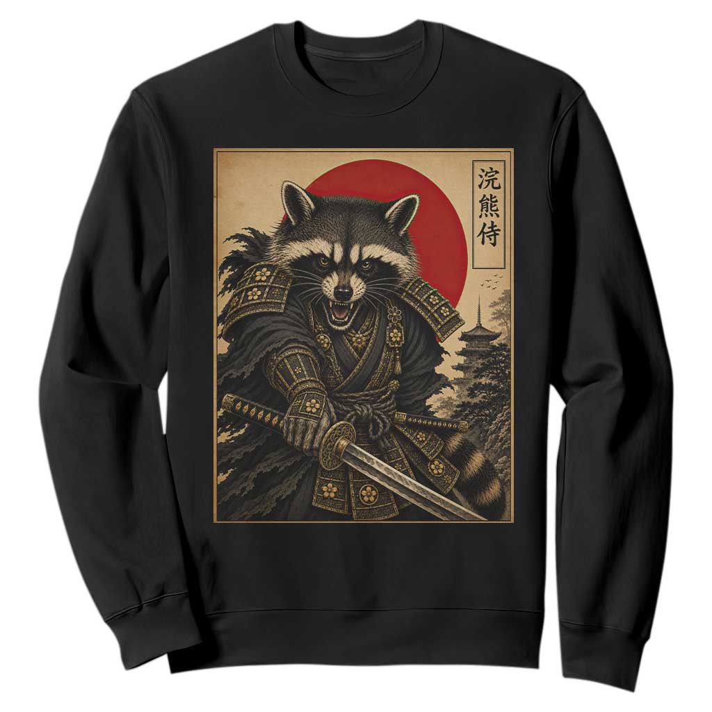 Funny Samurai Raccoon Sweatshirt Vintage Japanese Ukiyoe Warrior Graphic TS12 Black Print Your Wear