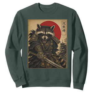 Funny Samurai Raccoon Sweatshirt Vintage Japanese Ukiyoe Warrior Graphic TS12 Dark Forest Green Print Your Wear