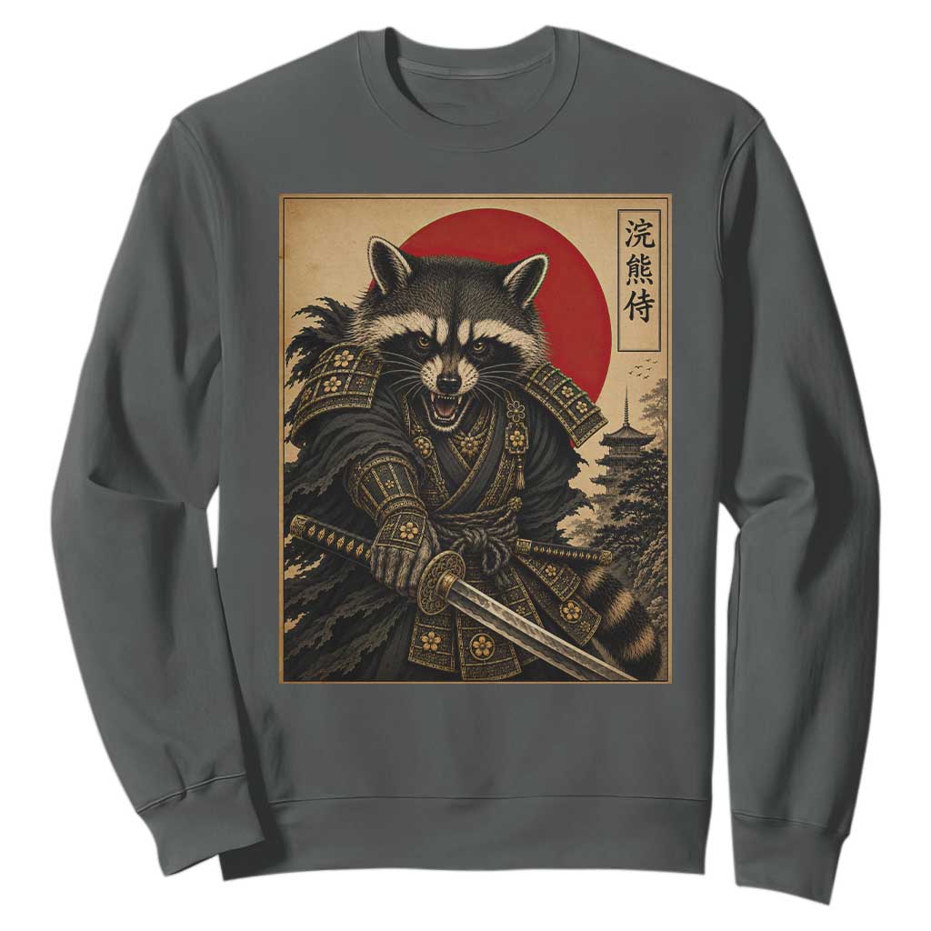 Funny Samurai Raccoon Sweatshirt Vintage Japanese Ukiyoe Warrior Graphic TS12 Dark Heather Print Your Wear