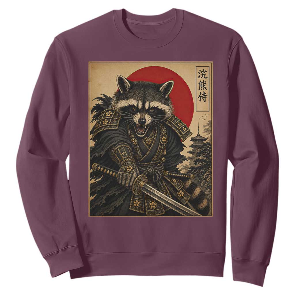 Funny Samurai Raccoon Sweatshirt Vintage Japanese Ukiyoe Warrior Graphic TS12 Maroon Print Your Wear