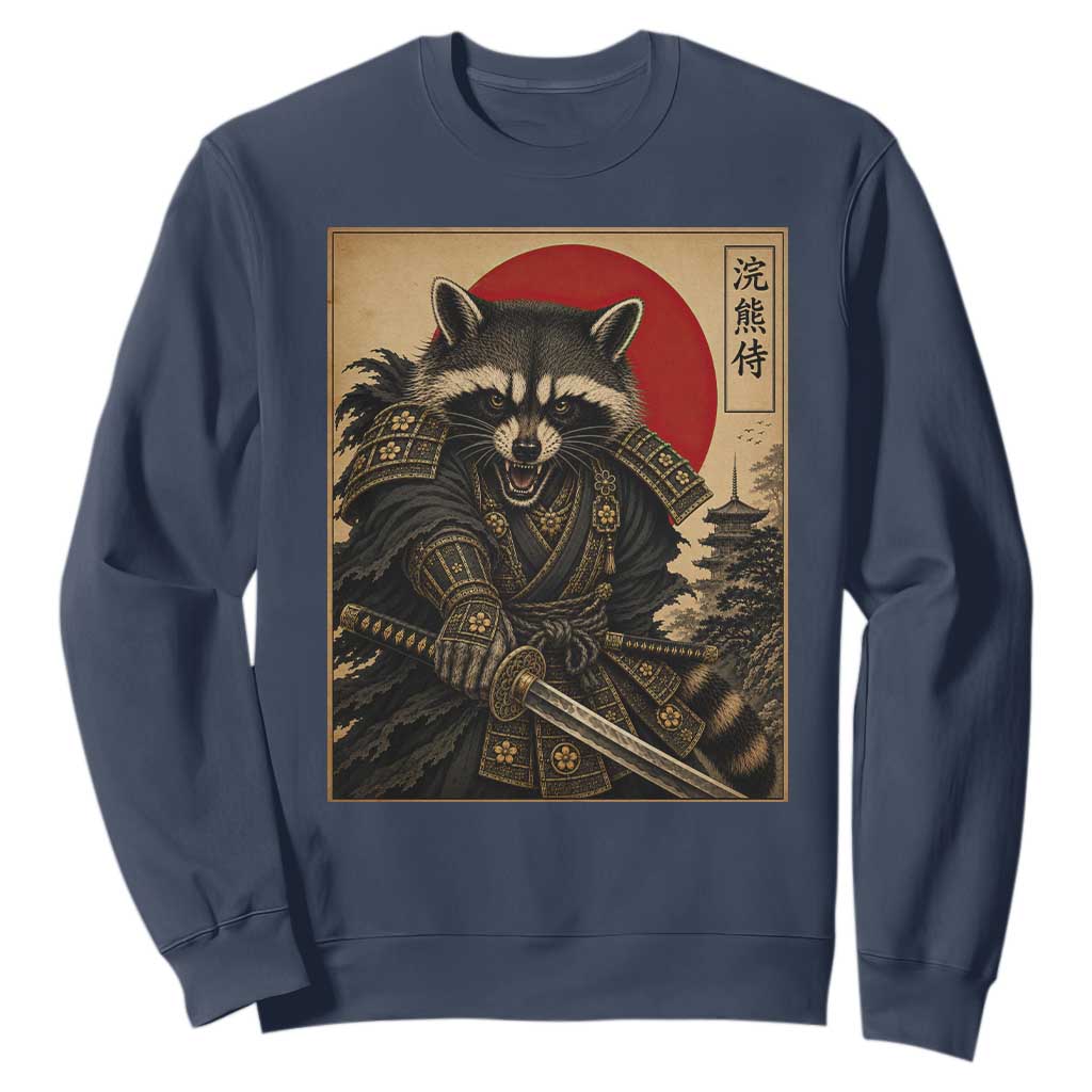 Funny Samurai Raccoon Sweatshirt Vintage Japanese Ukiyoe Warrior Graphic TS12 Navy Print Your Wear