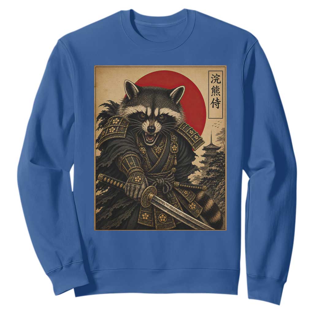 Funny Samurai Raccoon Sweatshirt Vintage Japanese Ukiyoe Warrior Graphic TS12 Royal Blue Print Your Wear