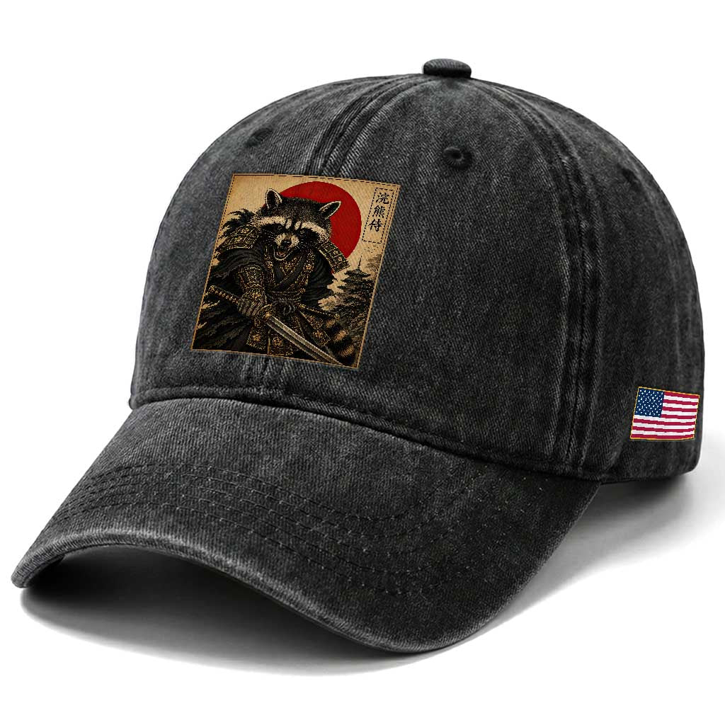 Funny Samurai Raccoon Washed Cotton Baseball Cap Vintage Japanese Ukiyoe Warrior Graphic TS12 Print Your Wear