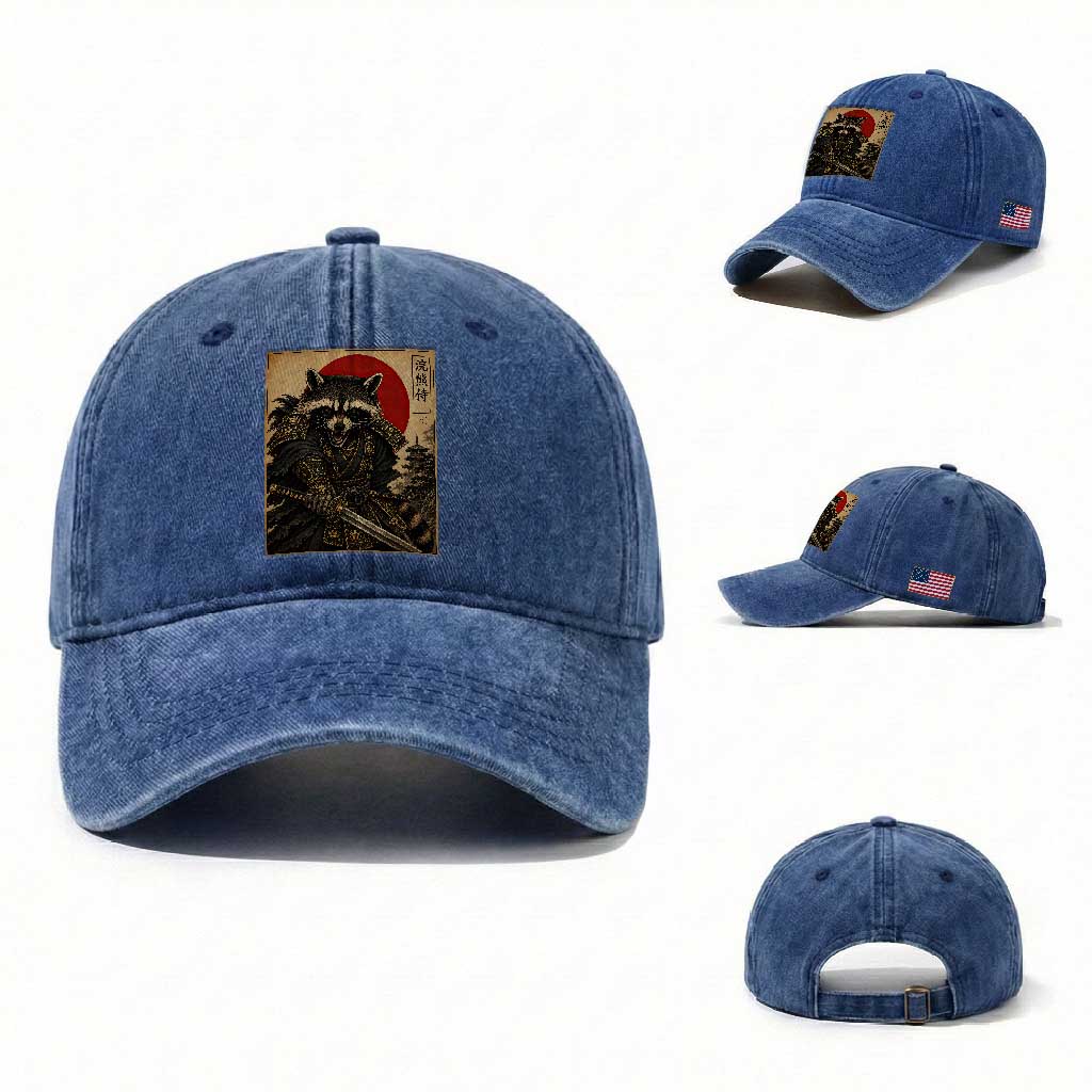Funny Samurai Raccoon Washed Cotton Baseball Cap Vintage Japanese Ukiyoe Warrior Graphic TS12 Washed Cap Universal Fit Royal Blue Print Your Wear