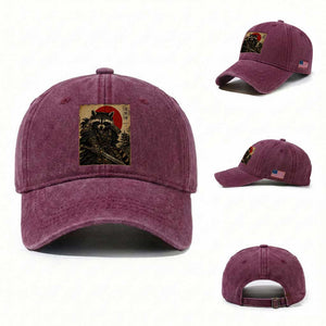 Funny Samurai Raccoon Washed Cotton Baseball Cap Vintage Japanese Ukiyoe Warrior Graphic TS12 Washed Cap Universal Fit Burgundy Print Your Wear