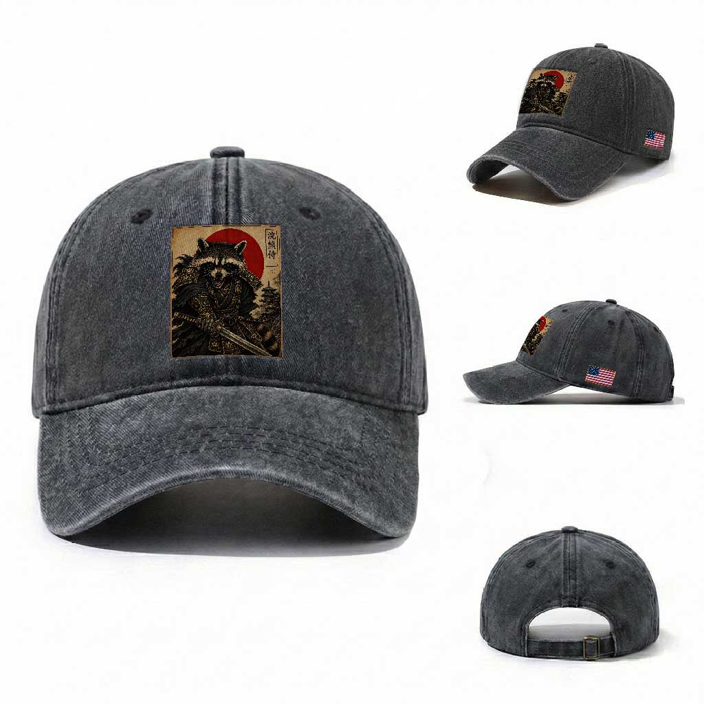 Funny Samurai Raccoon Washed Cotton Baseball Cap Vintage Japanese Ukiyoe Warrior Graphic TS12 Washed Cap Universal Fit Dark Gray Print Your Wear