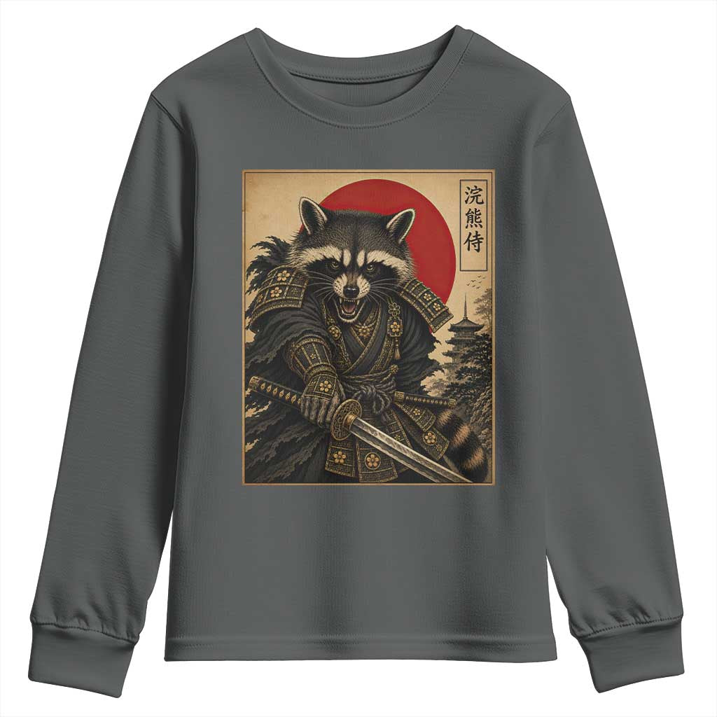 Funny Samurai Raccoon Youth Sweatshirt Vintage Japanese Ukiyoe Warrior Graphic TS12 Dark Heather Print Your Wear