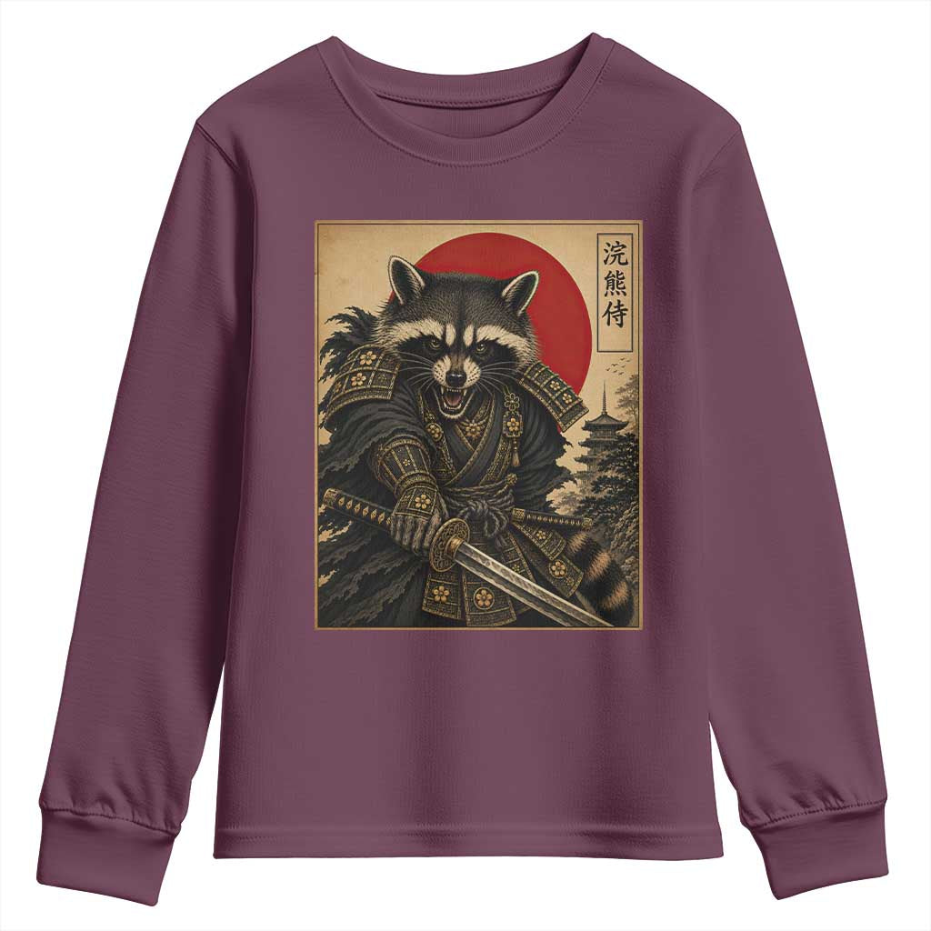 Funny Samurai Raccoon Youth Sweatshirt Vintage Japanese Ukiyoe Warrior Graphic TS12 Maroon Print Your Wear