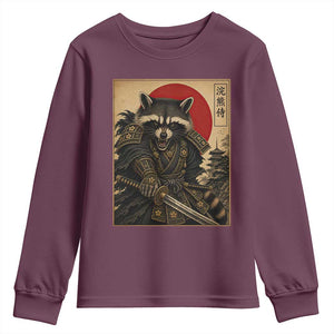 Funny Samurai Raccoon Youth Sweatshirt Vintage Japanese Ukiyoe Warrior Graphic TS12 Maroon Print Your Wear