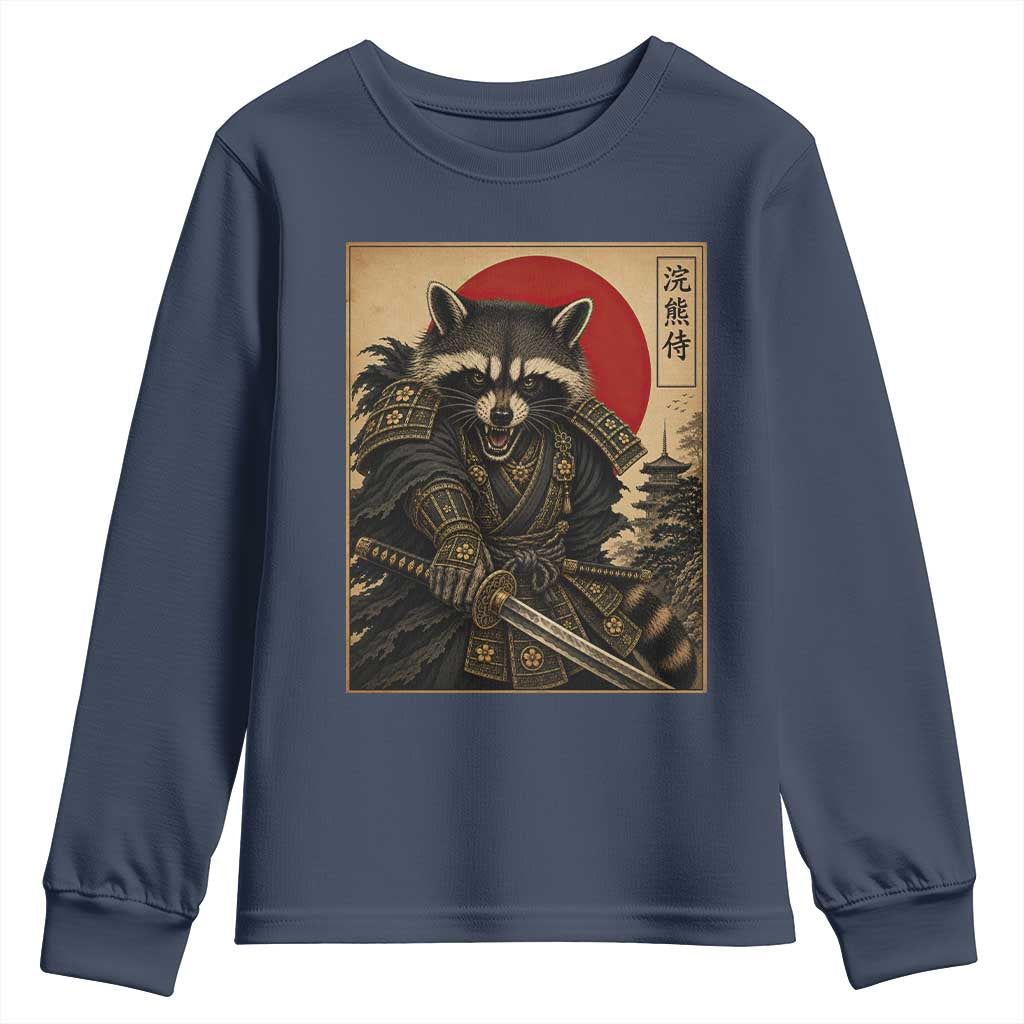 Funny Samurai Raccoon Youth Sweatshirt Vintage Japanese Ukiyoe Warrior Graphic TS12 Navy Print Your Wear