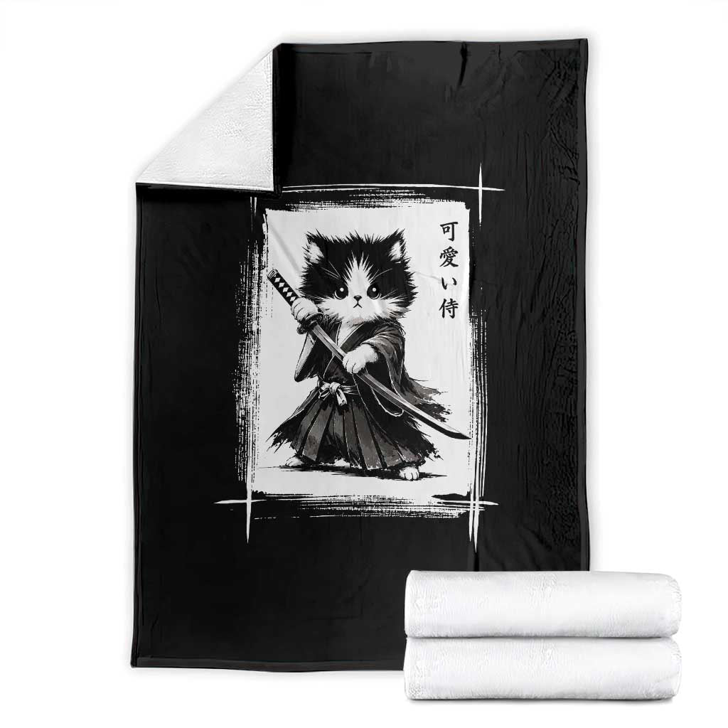 Vintage Japanese Art Samurai Cat Throw Blanket Sumie Kawaii Cat Lover Gift TS12 Black Print Your Wear