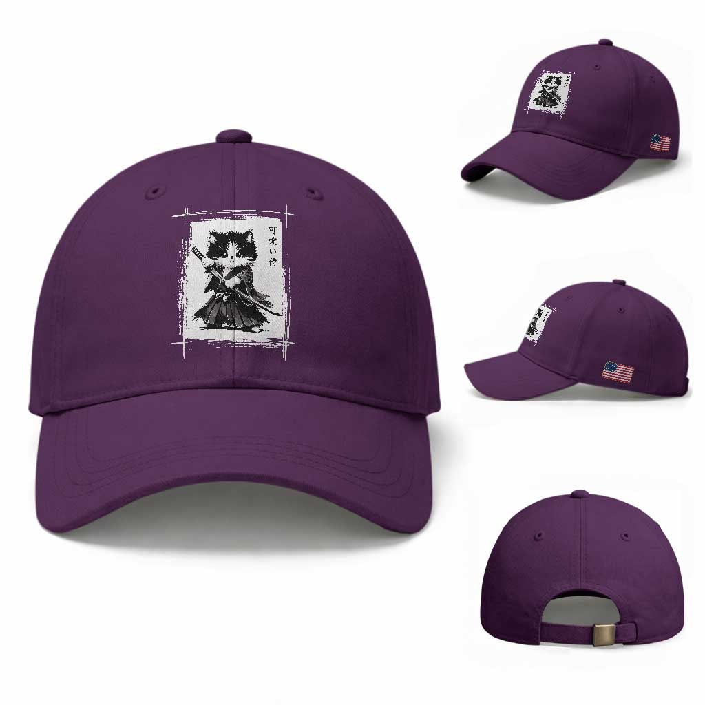 Vintage Japanese Art Samurai Cat Baseball Cap Sumie Kawaii Cat Lover Gift TS12 Baseball Cap Universal Fit Purple Print Your Wear