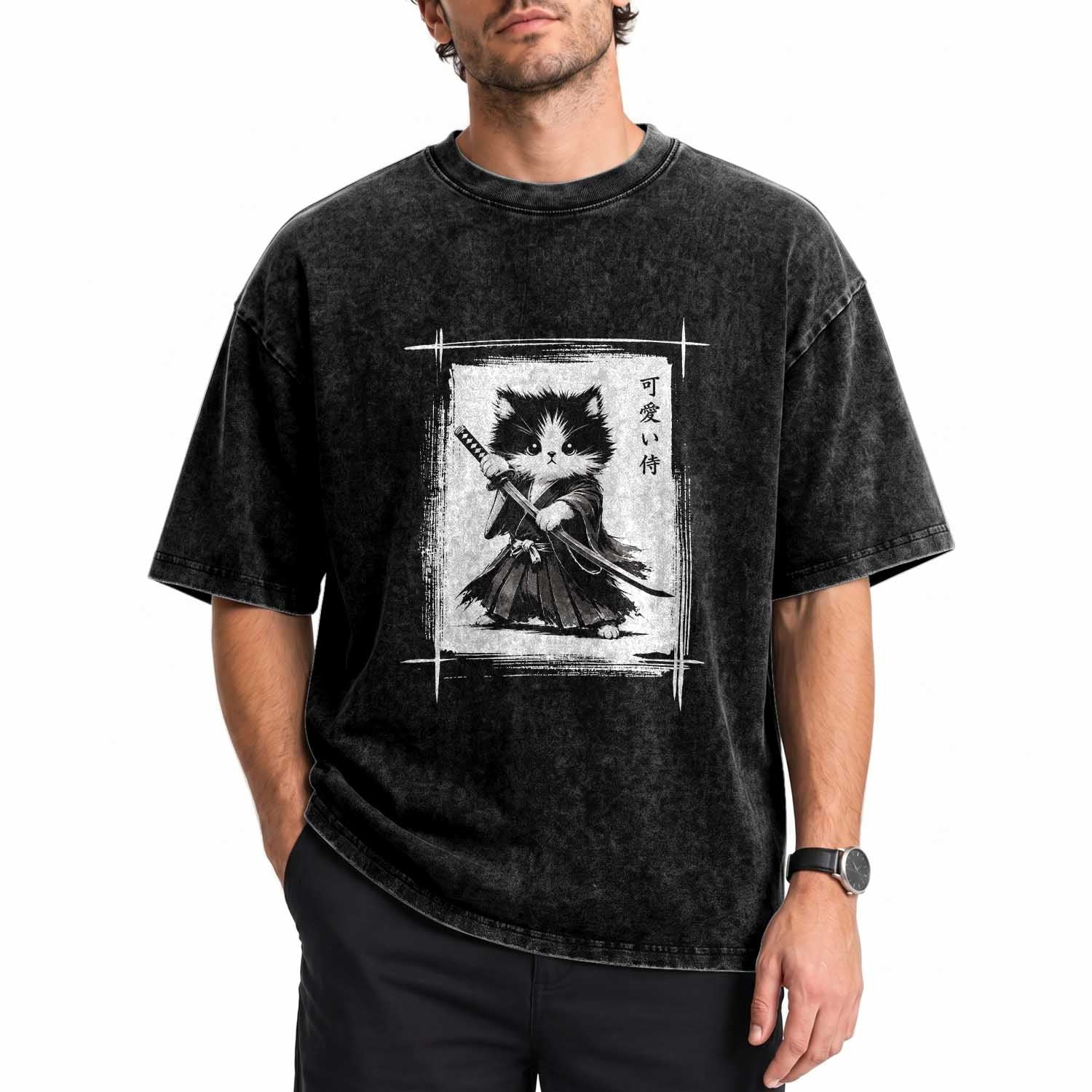 Vintage Japanese Art Samurai Cat Washed Cotton T-Shirt Sumie Kawaii Cat Lover Gift