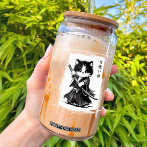 Vintage Japanese Art Samurai Cat Glass Can Sumie Kawaii Cat Lover Gift TS12 Black Print Your Wear