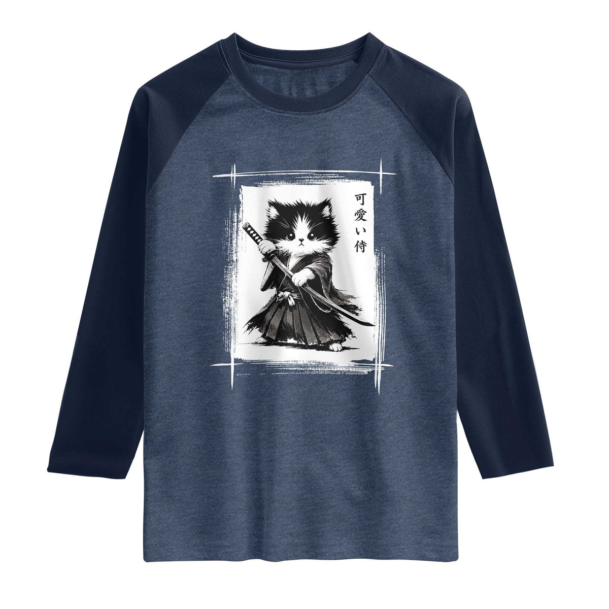 Vintage Japanese Art Samurai Cat Raglan Shirt Sumie Kawaii Cat Lover Gift TS12 Heather Denim Navy Print Your Wear