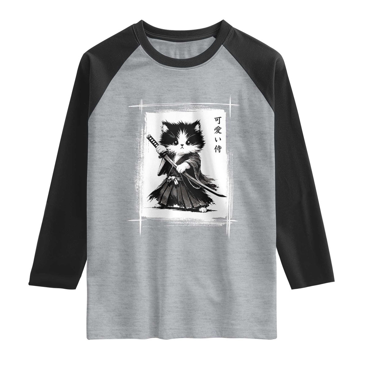 Vintage Japanese Art Samurai Cat Raglan Shirt Sumie Kawaii Cat Lover Gift TS12 Heather Gray Black Print Your Wear