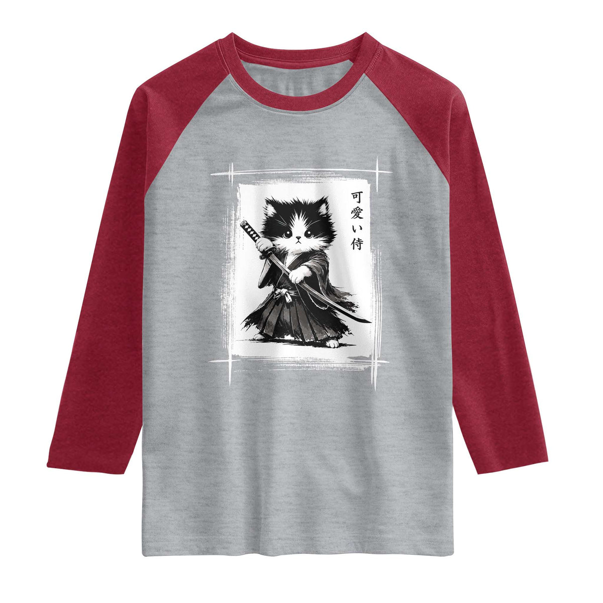 Vintage Japanese Art Samurai Cat Raglan Shirt Sumie Kawaii Cat Lover Gift TS12 Heather Gray Heather Red Print Your Wear