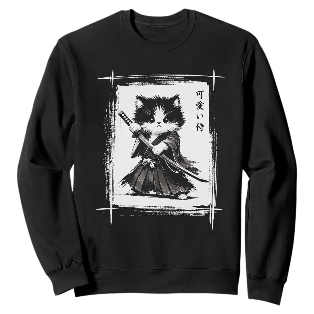 Vintage Japanese Art Samurai Cat Sweatshirt Sumie Kawaii Cat Lover Gift TS12 Black Print Your Wear