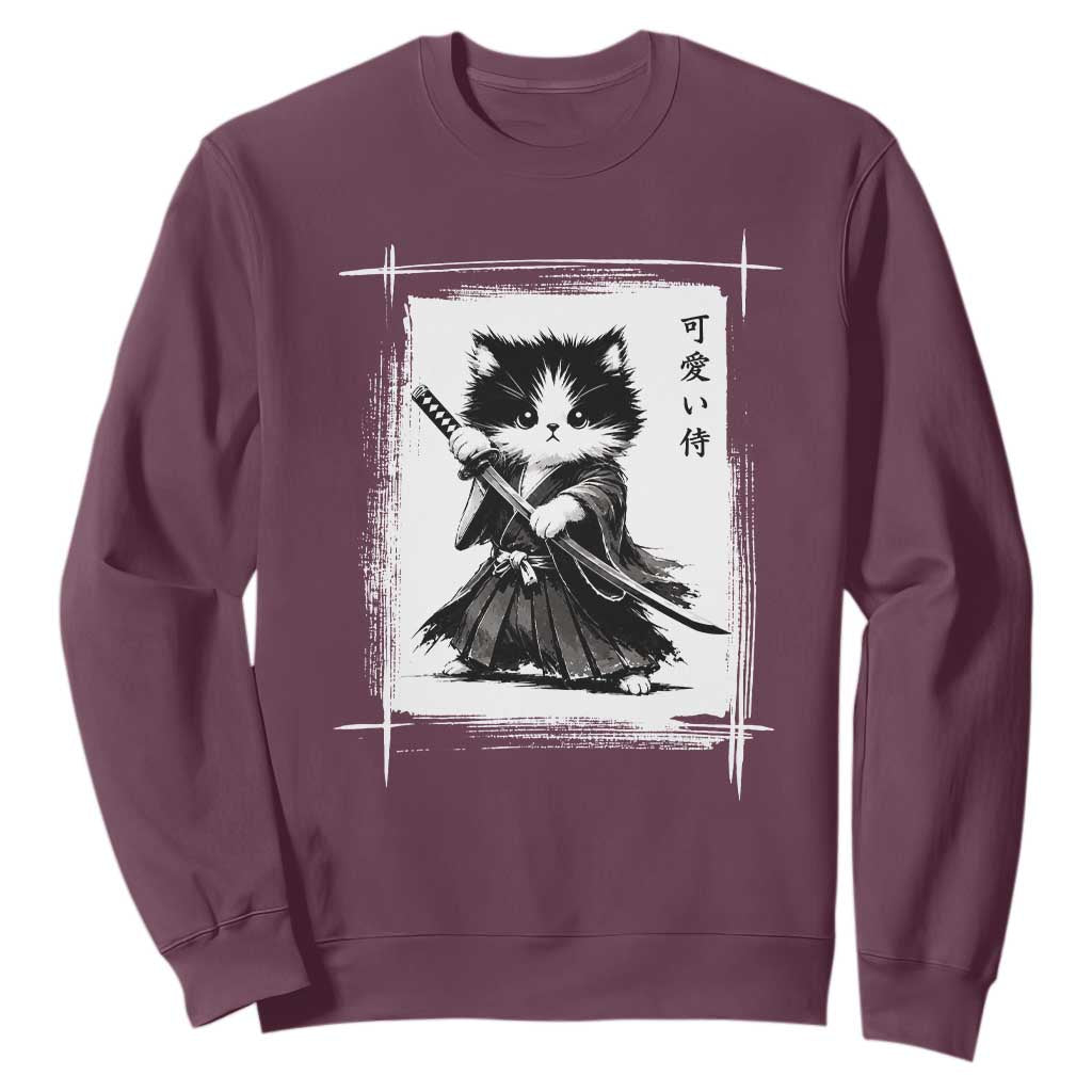 Vintage Japanese Art Samurai Cat Sweatshirt Sumie Kawaii Cat Lover Gift TS12 Maroon Print Your Wear