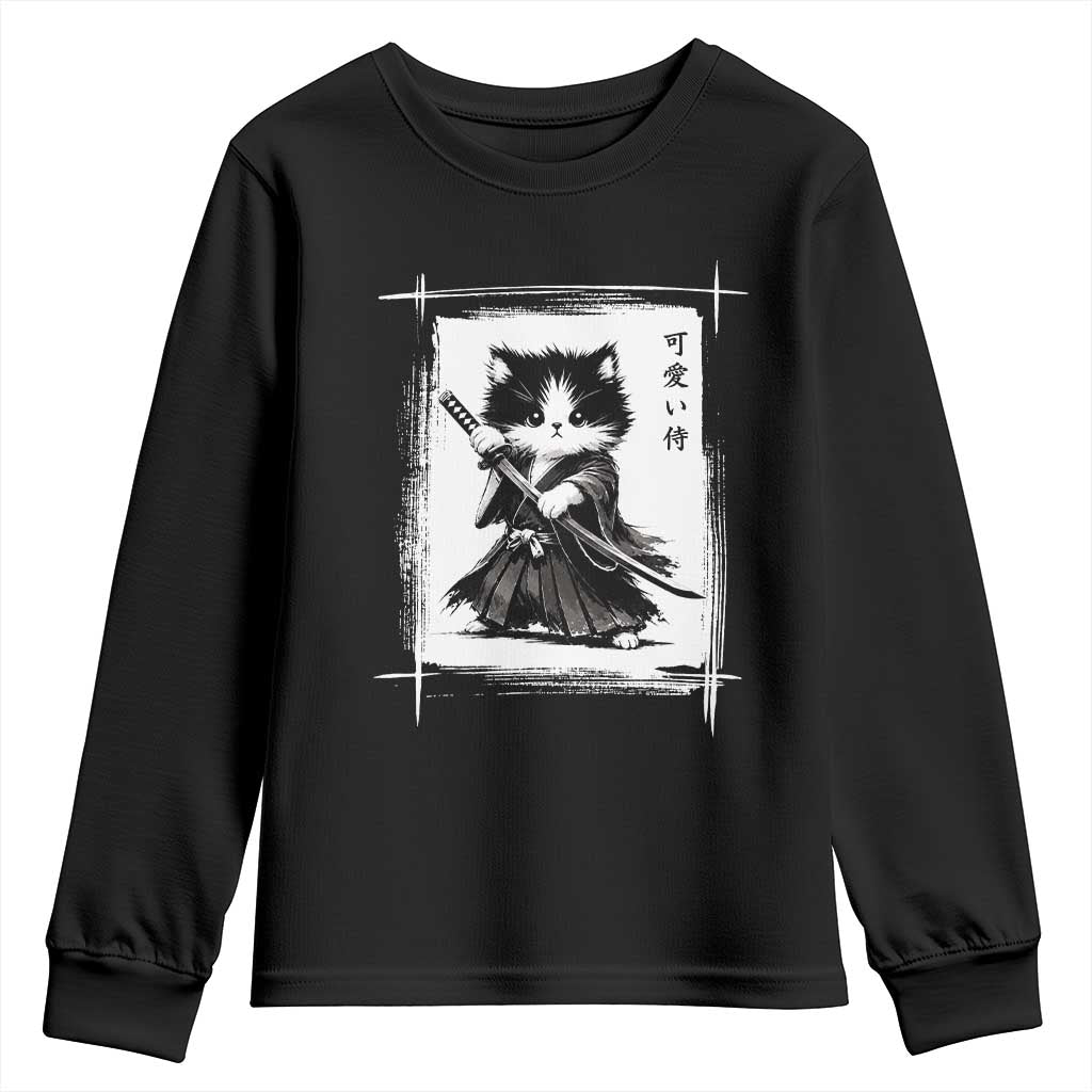 Vintage Japanese Art Samurai Cat Youth Sweatshirt Sumie Kawaii Cat Lover Gift TS12 Black Print Your Wear