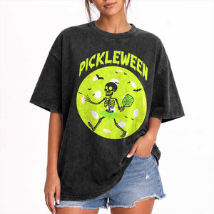 Funny Halloween Pickleball Lovers Washed Cotton T-Shirt Pickleween