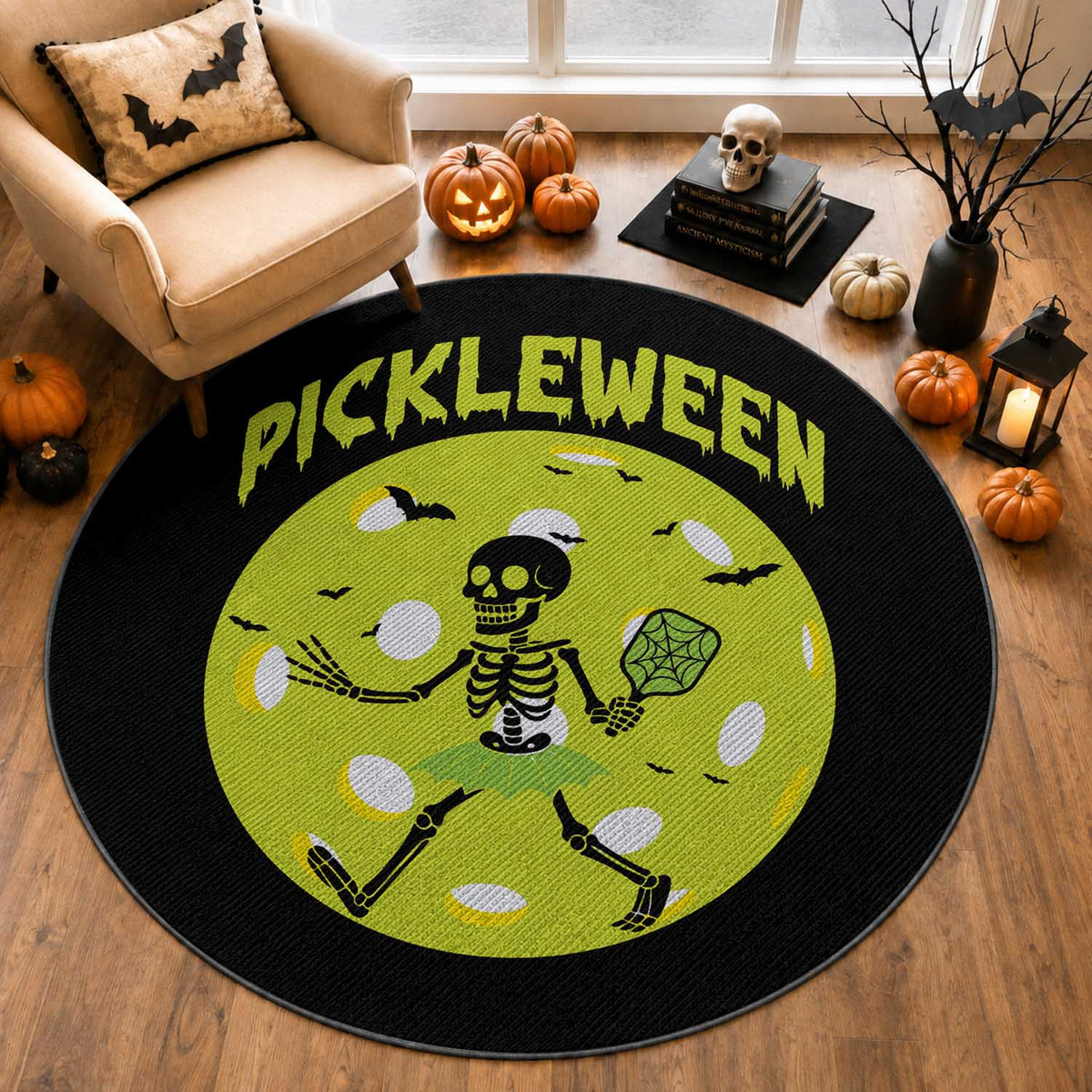 Funny Halloween Pickleball Lovers Round Rug Pickleween